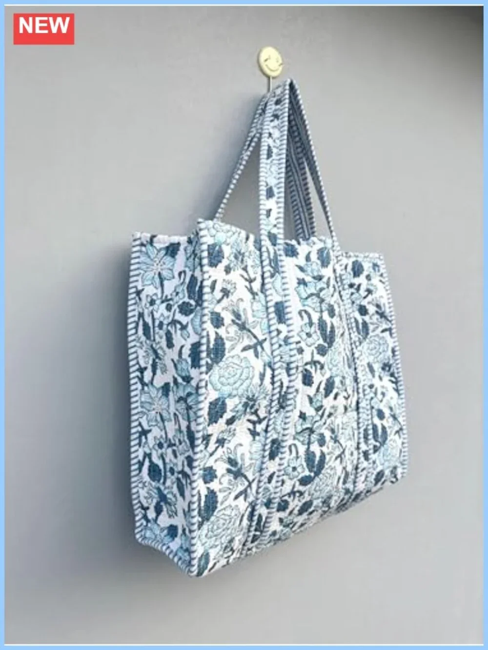 Quilted Cotton Hand Block Print Reversible Floral Large Tote Shoulder Bag